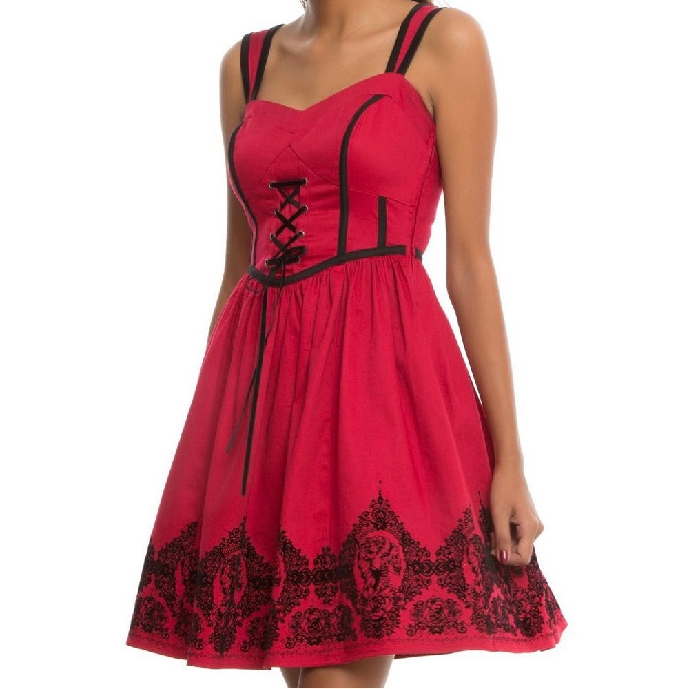 Hot Topic Sexy Red Black Dress. Skulls Design Adjustable Corset Front NWT Cot…